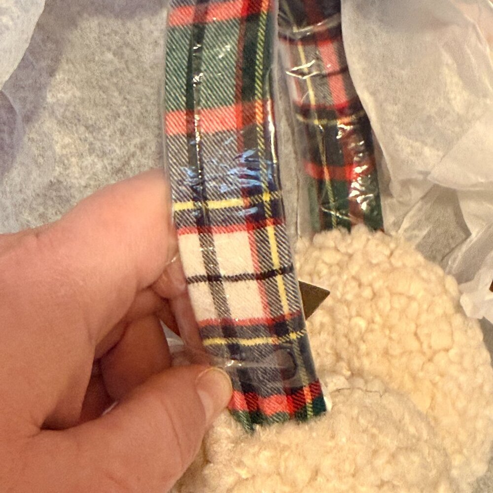 NEW J.Crew Natural / Light Faux Fur Earmuffs Stewart Plaid Tartan Band K6401 - Picture 3 of 7